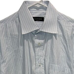 Canali Dress Shirt 16.5 Men's Blue White Striped Made in Italy Spread Collar
